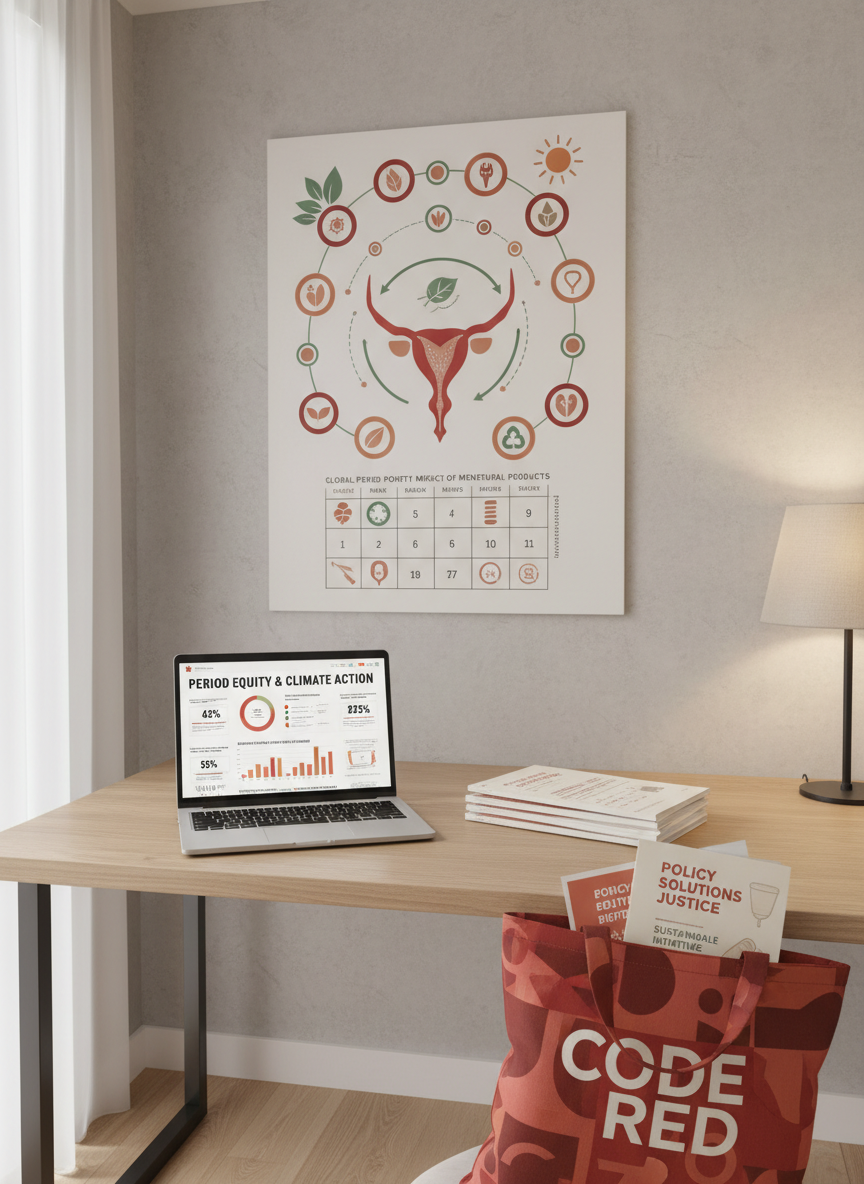 A modern, sustainable workspace focused on menstrual health advocacy: a sleek, light-wood desk holds an open laptop displaying a colorful data dashboard about period poverty and climate impact, beside a stack of neatly arranged policy briefs with bold but clean typography. A reusable red fabric tote with an abstract ‘Code Red’ pattern leans against the side of the desk, half-open to reveal educational brochures. Behind, a large vertical poster shows an illustrated calendar of menstrual cycles integrated with environmental icons, rendered in muted reds, terracottas, and greens. Soft, indirect daylight and a warm desk lamp combine to create even, reassuring lighting. Photographic realism, eye-level perspective, slightly wide framing, with a professional, mission-driven mood.
